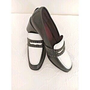 Aerosoles Women's 7.5 Black White Leather Studded Block Heel Ardore Penny Loafer